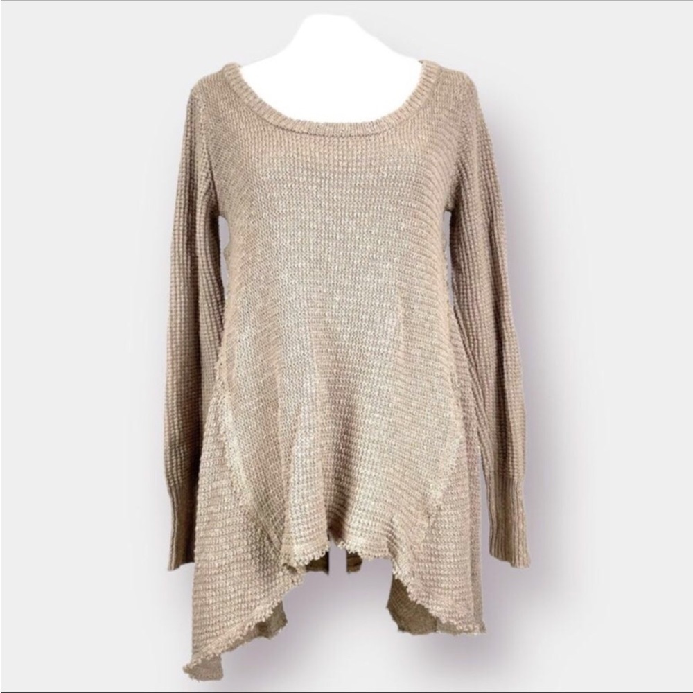 Anthro Ruby Moon heathered oatmeal waffle knit shark bite raw hem longsl… - Picture 1 of 10
